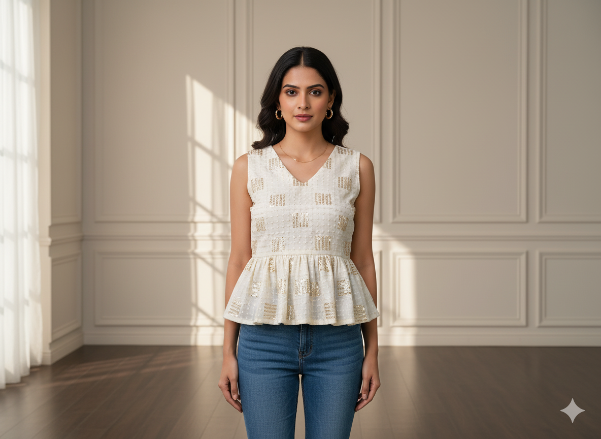 ऑफ व्हाइट मेटैलिक सेक्विन कढ़ाई मलाई साटन फैब्रिक