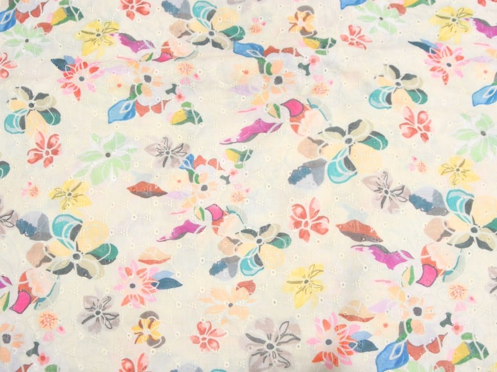 Off White 100 % Pure Cotton Chikan Embroidered Fabric