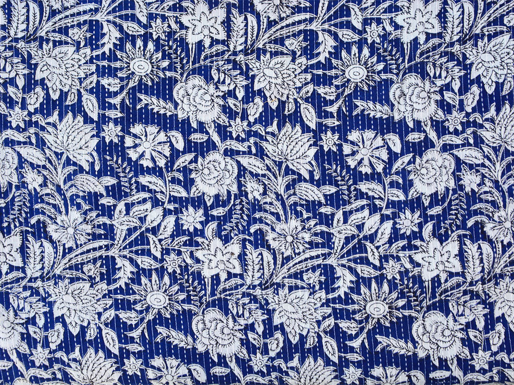Royal Blue Floral Pure Cotton Kantha Fabric