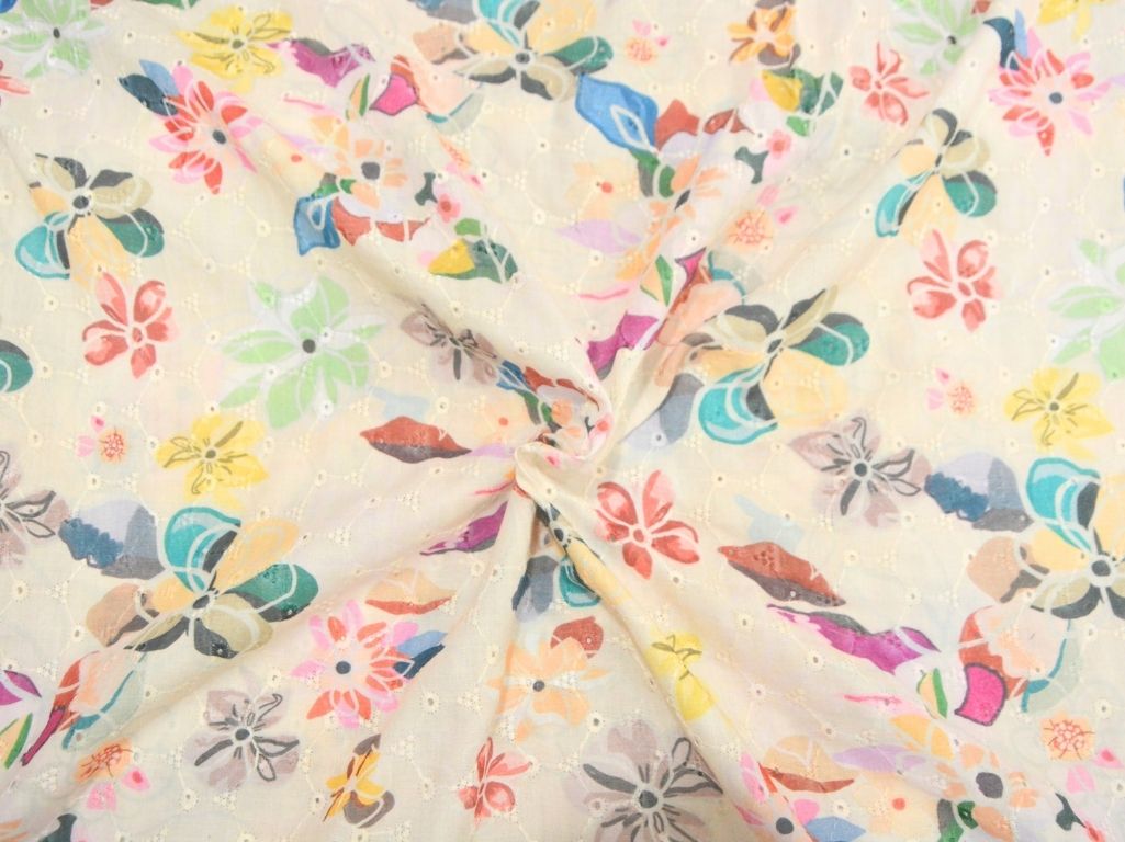 Off White 100 % Pure Cotton Chikan Embroidered Fabric