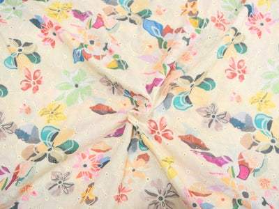 Off White 100 % Pure Cotton Chikan Embroidered Fabric