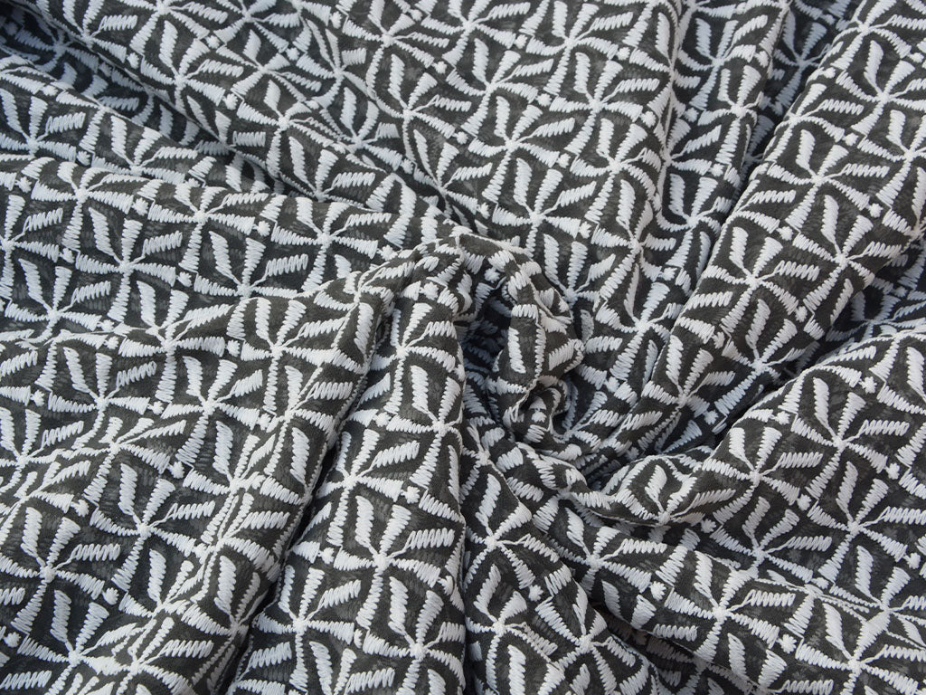 Gray Geometric Light Thread Embroidered Premium Georgette Fabric
