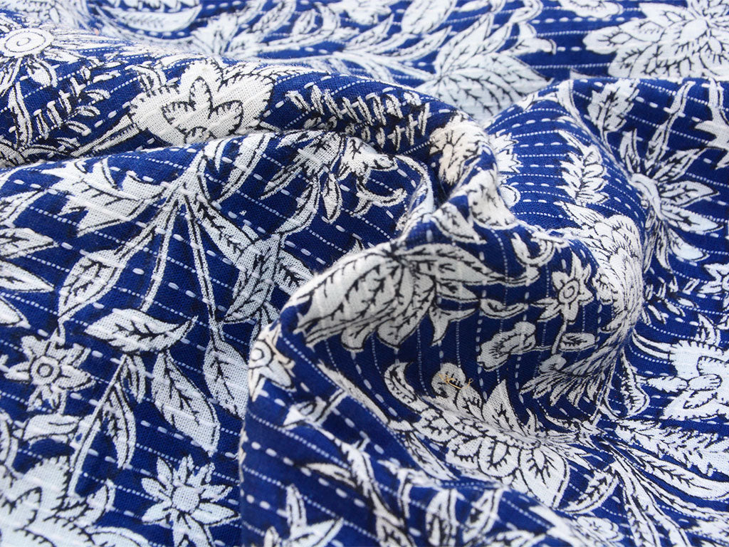 Royal Blue Floral Pure Cotton Kantha Fabric