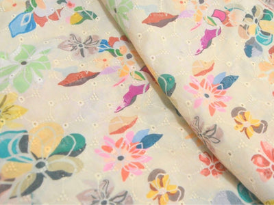Off White 100 % Pure Cotton Chikan Embroidered Fabric