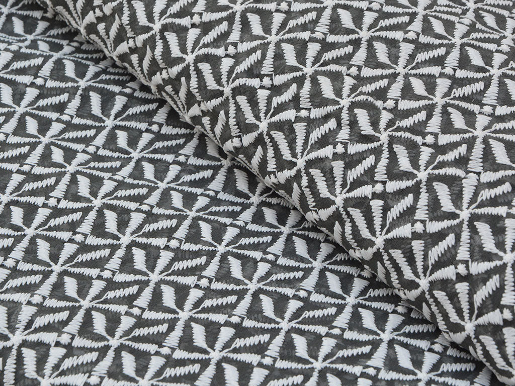 Gray Geometric Light Thread Embroidered Premium Georgette Fabric