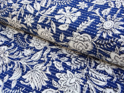 Royal Blue Floral Pure Cotton Kantha Fabric