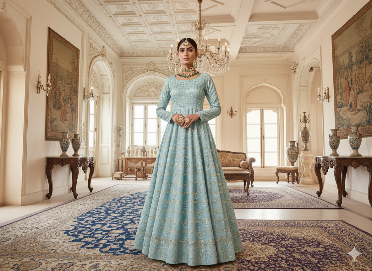 बेबी ब्लू मेटैलिक सेक्विन कढ़ाई मलाई साटन फैब्रिक