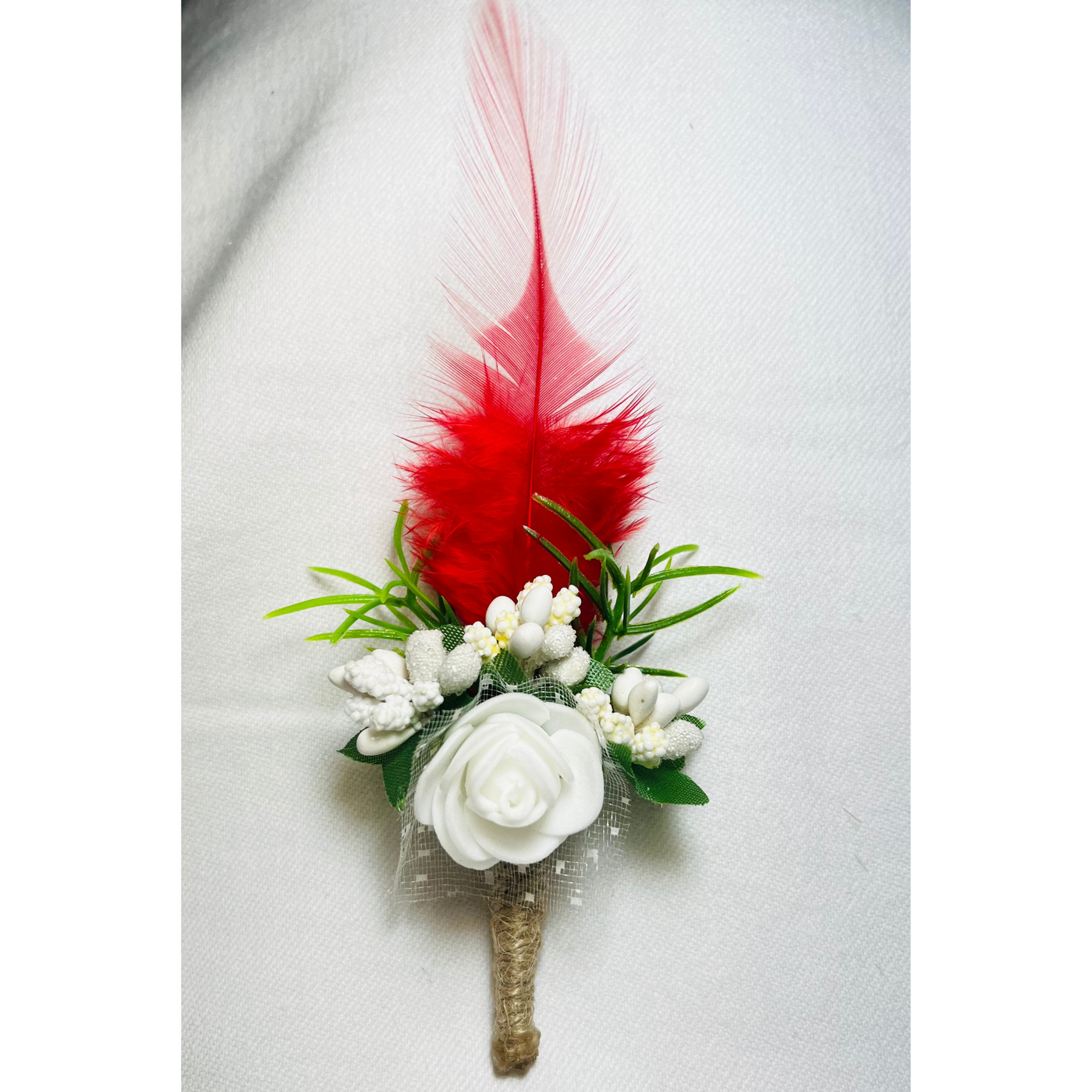 White And Red Faux Feather Flower Brooch