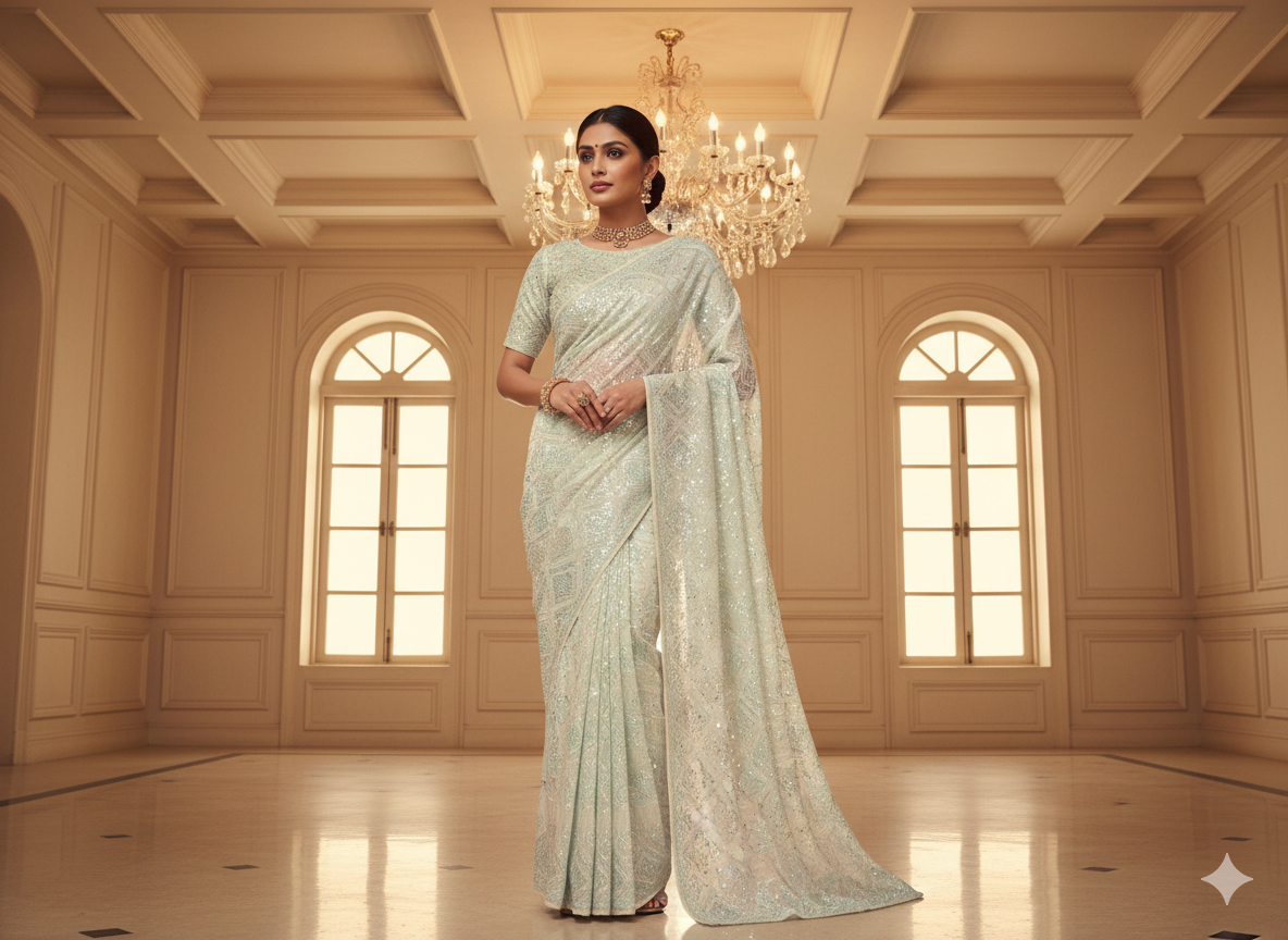 Off White Dyed Viscose Georgette With Sequins Embroidered Fabric