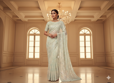 Off White Dyed Viscose Georgette With Sequins Embroidered Fabric