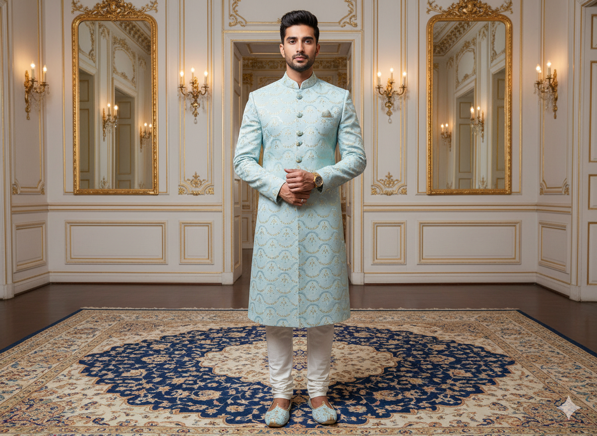 बेबी ब्लू मेटैलिक सेक्विन कढ़ाई मलाई साटन फैब्रिक