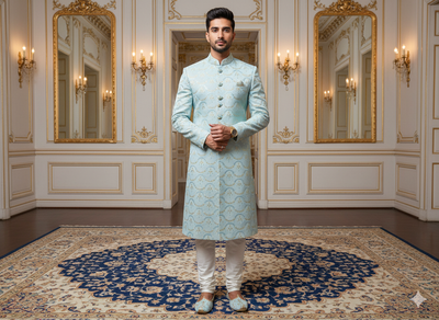 बेबी ब्लू मेटैलिक सेक्विन कढ़ाई मलाई साटन फैब्रिक