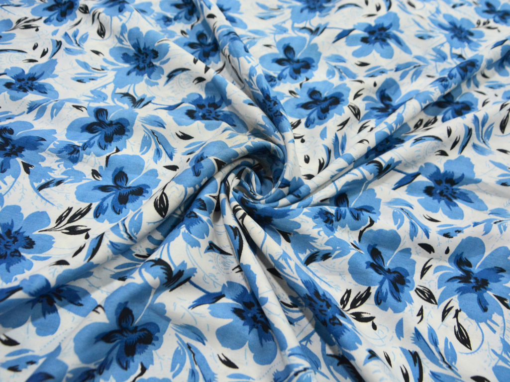 White Floral Digitally Printed Butter Crepe Fabric