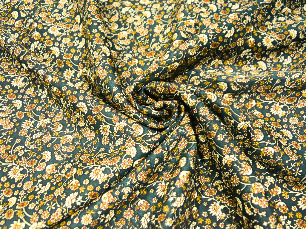 Deep Green Floral Digitally Printed Butter Crepe Fabric