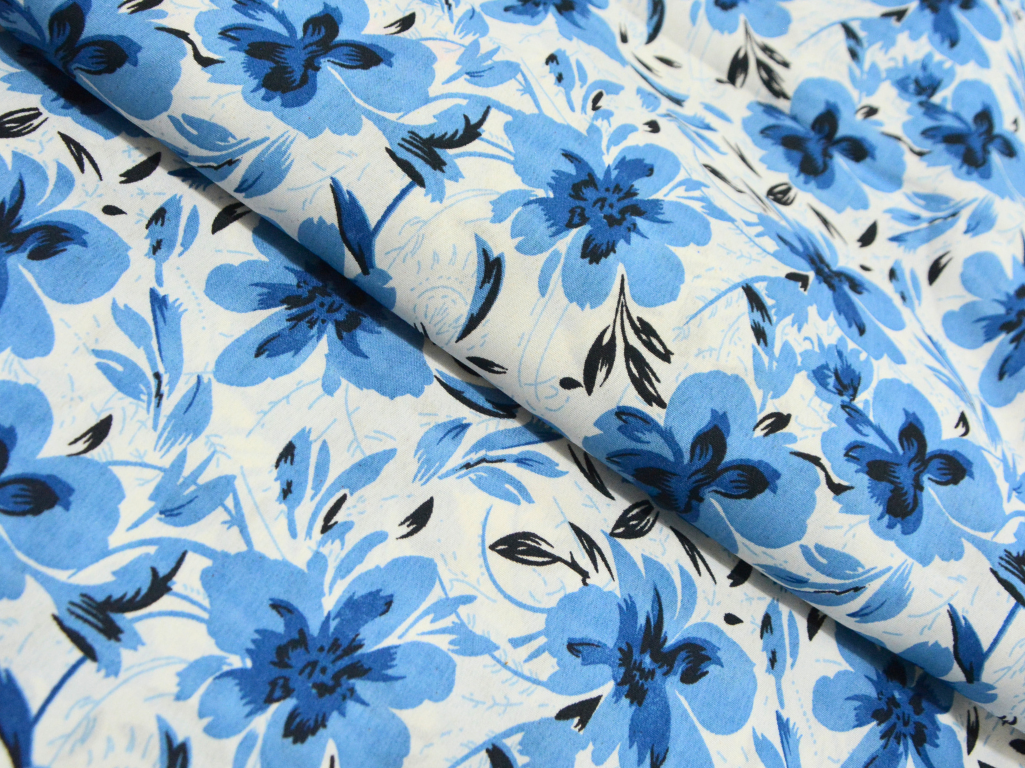 White Floral Digitally Printed Butter Crepe Fabric