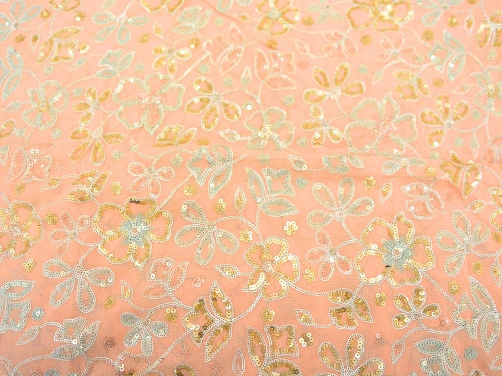 Peach Viscose Georgette With Sequins Embroidered Fabric