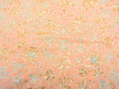 Peach Viscose Georgette With Sequins Embroidered Fabric