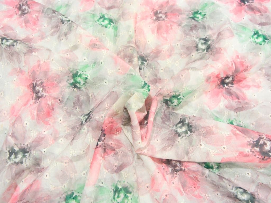White 100 % Pure Cotton Chikan Embroidered Fabric