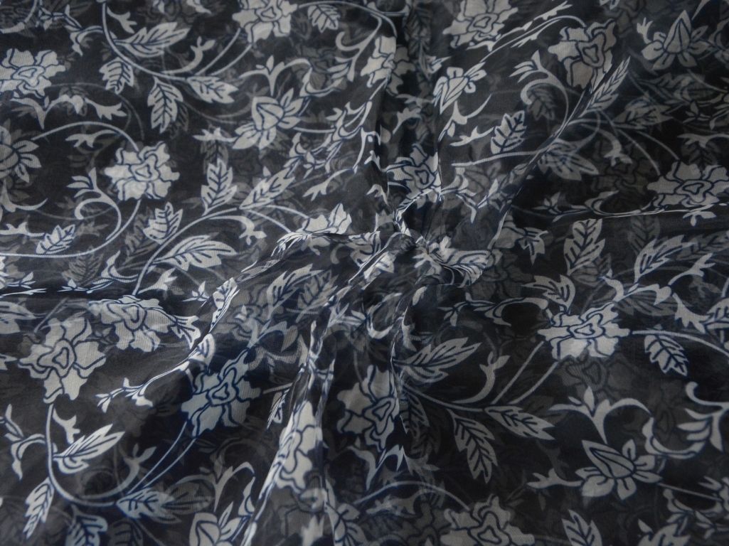 Black Floral Digital Printed Liquid Organza Fabric