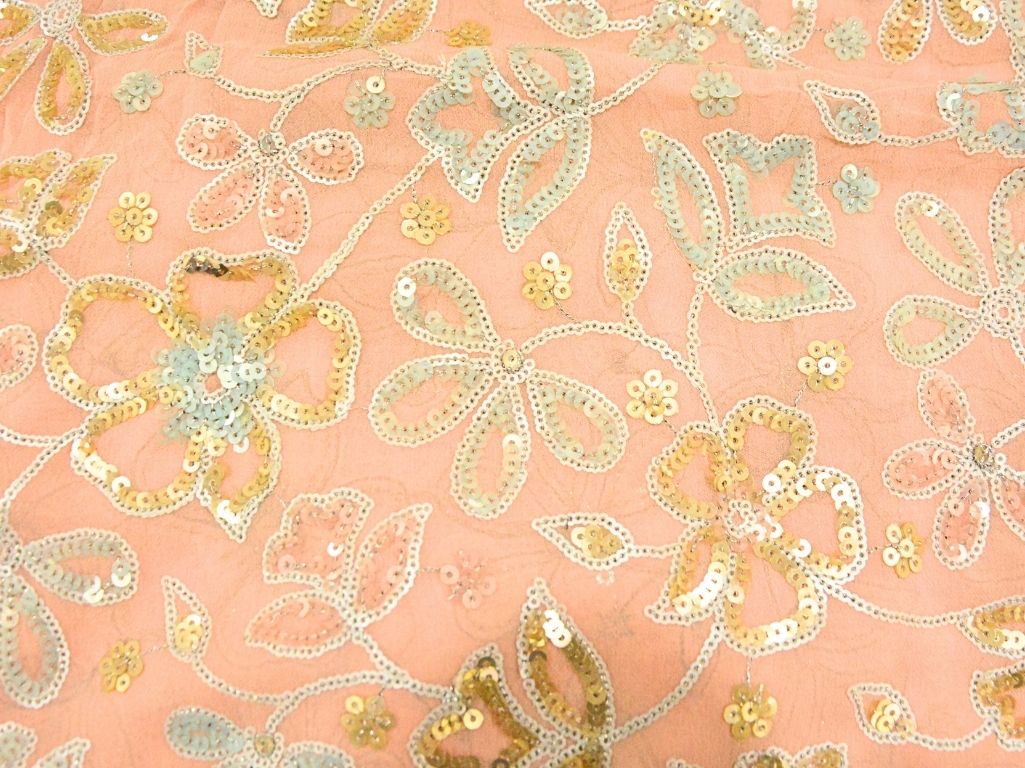Peach Viscose Georgette With Sequins Embroidered Fabric