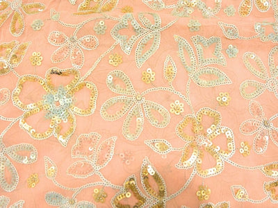 Peach Viscose Georgette With Sequins Embroidered Fabric