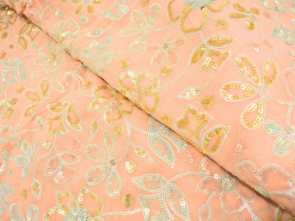 Peach Viscose Georgette With Sequins Embroidered Fabric