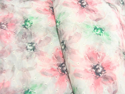 White 100 % Pure Cotton Chikan Embroidered Fabric