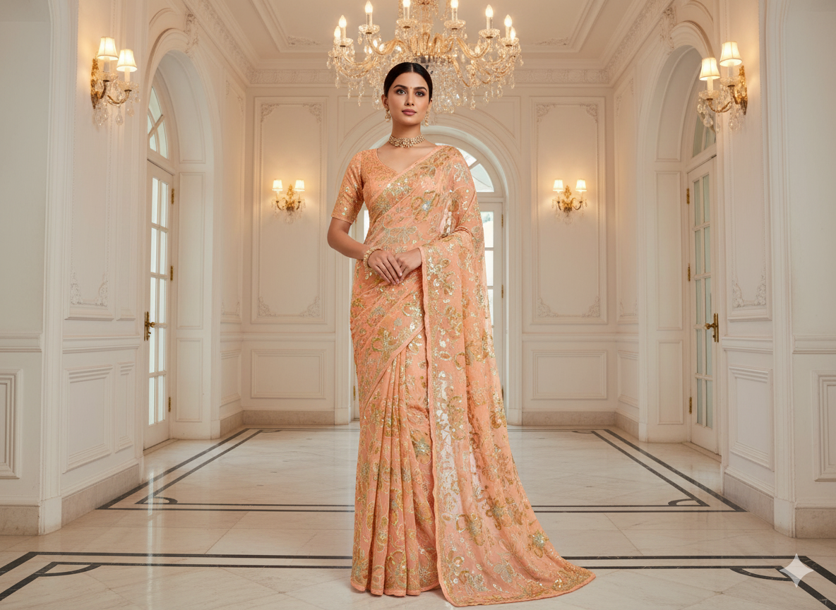 Peach Viscose Georgette With Sequins Embroidered Fabric