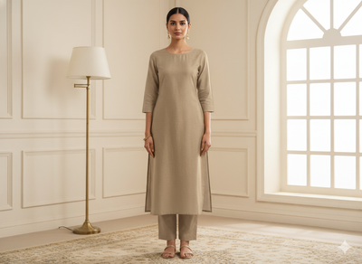 सैंड बेज प्लेन ग्लेज्ड कॉटन फ़ैब्रिक