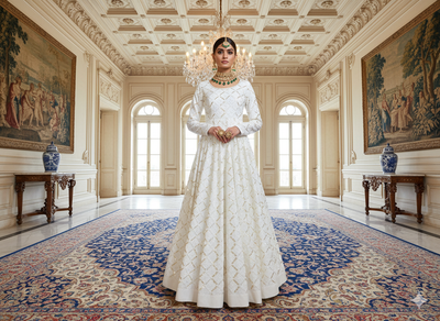 सफेद धातुई सेक्विन कढ़ाई मलाई साटन कपड़ा