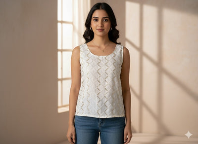 सफेद धातुई सेक्विन कढ़ाई मलाई साटन कपड़ा