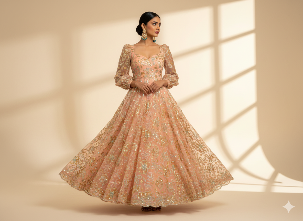 Peach Viscose Georgette With Sequins Embroidered Fabric