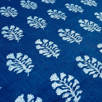 Navy Blue & White Floral Printed Pure Cotton Fabric