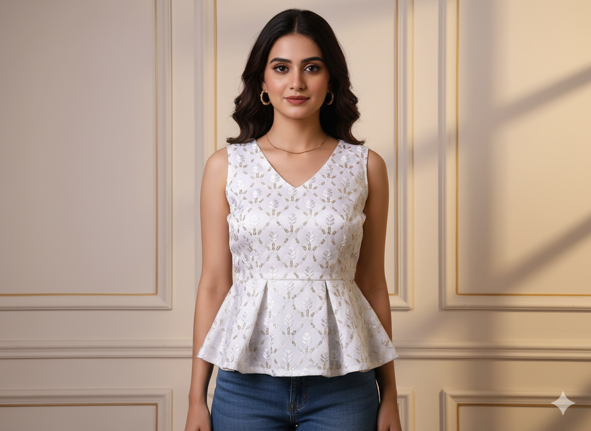 सफेद धातुई सेक्विन कढ़ाई मलाई साटन कपड़ा