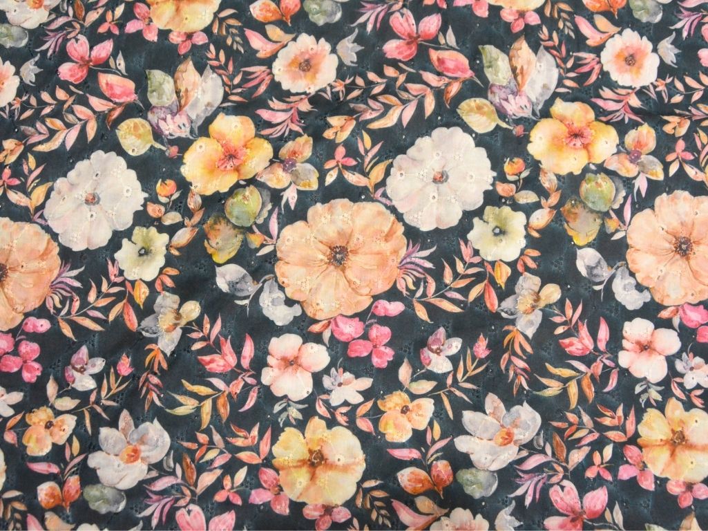 Black 100 % Pure Cotton Chikan Embroidered Fabric