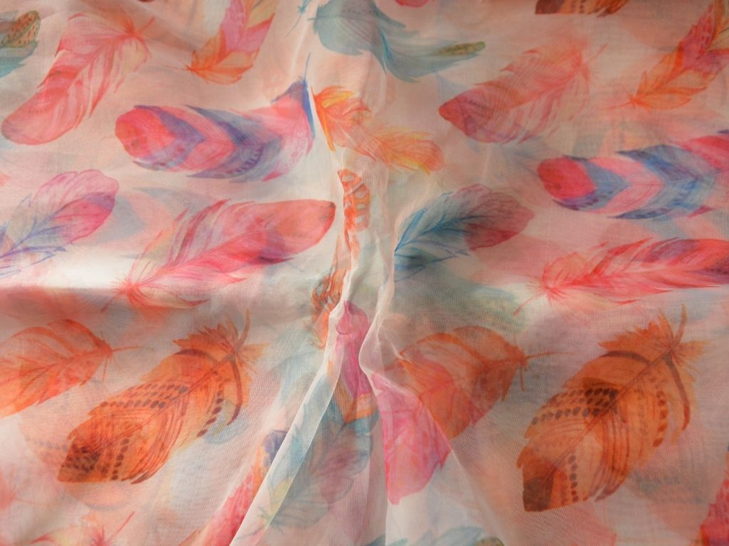 Off White Leaf Digital Printed Liquid Organza Fabric