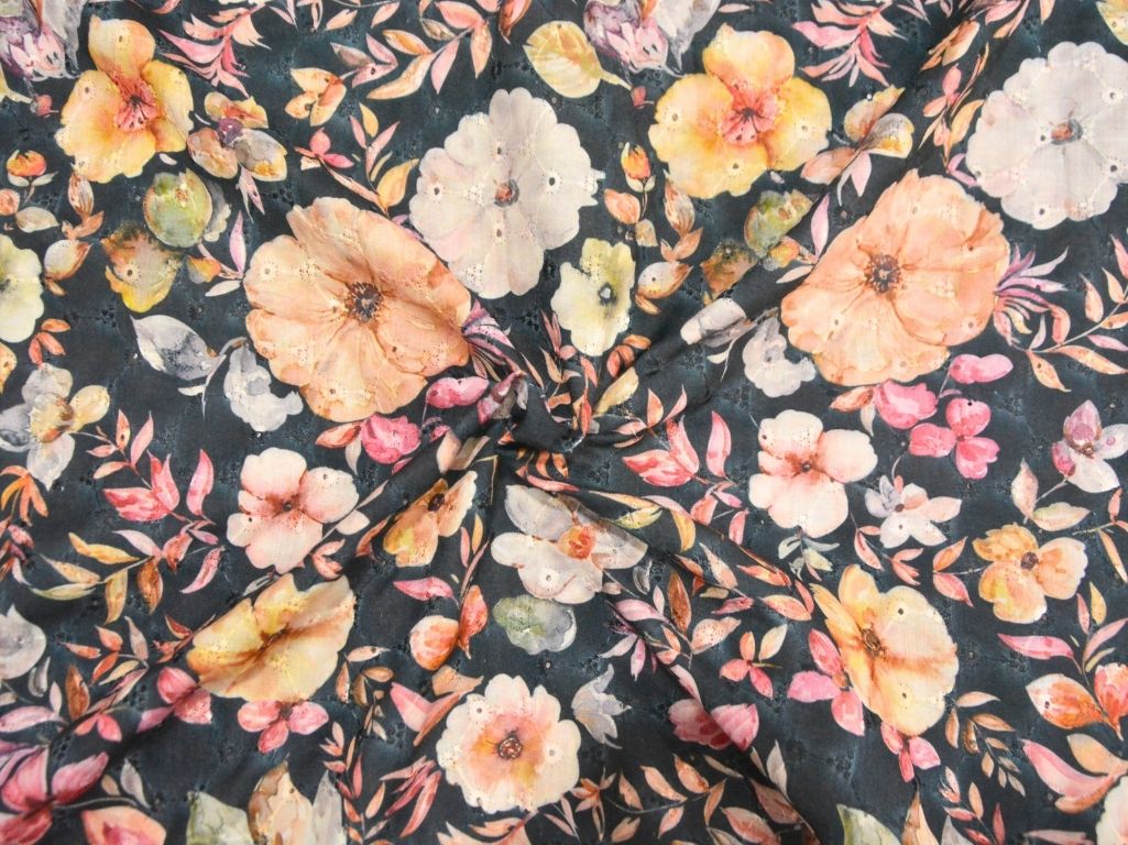 Black 100 % Pure Cotton Chikan Embroidered Fabric