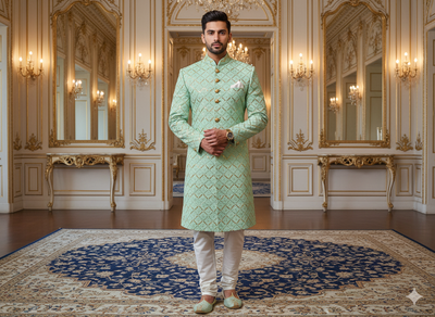 मिंट ग्रीन मेटैलिक सेक्विन कढ़ाई मलाई साटन फैब्रिक