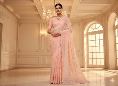 Baby Pink Viscose Georgette With Sequins Embroidered Fabric