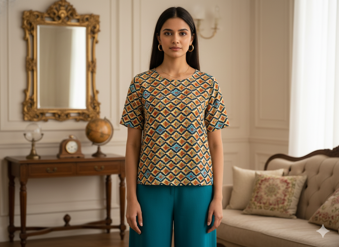 Deep Blue Diamond Digitally Printed Butter Crepe Fabric