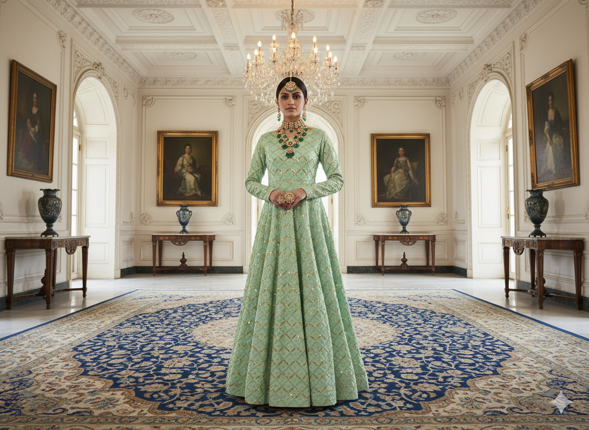 मिंट ग्रीन मेटैलिक सेक्विन कढ़ाई मलाई साटन फैब्रिक