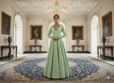 मिंट ग्रीन मेटैलिक सेक्विन कढ़ाई मलाई साटन फैब्रिक