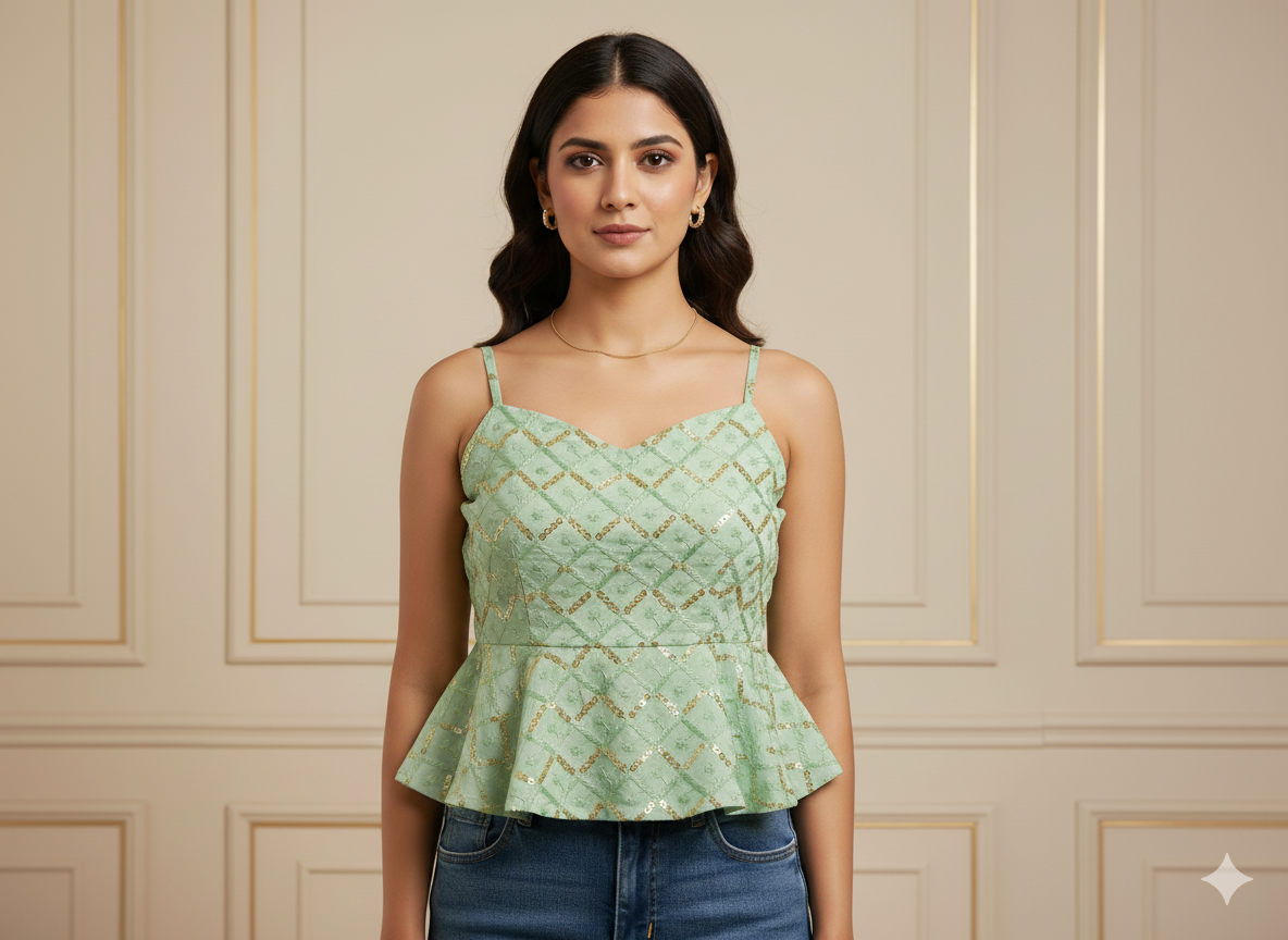 मिंट ग्रीन मेटैलिक सेक्विन कढ़ाई मलाई साटन फैब्रिक