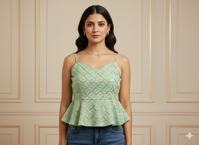 मिंट ग्रीन मेटैलिक सेक्विन कढ़ाई मलाई साटन फैब्रिक