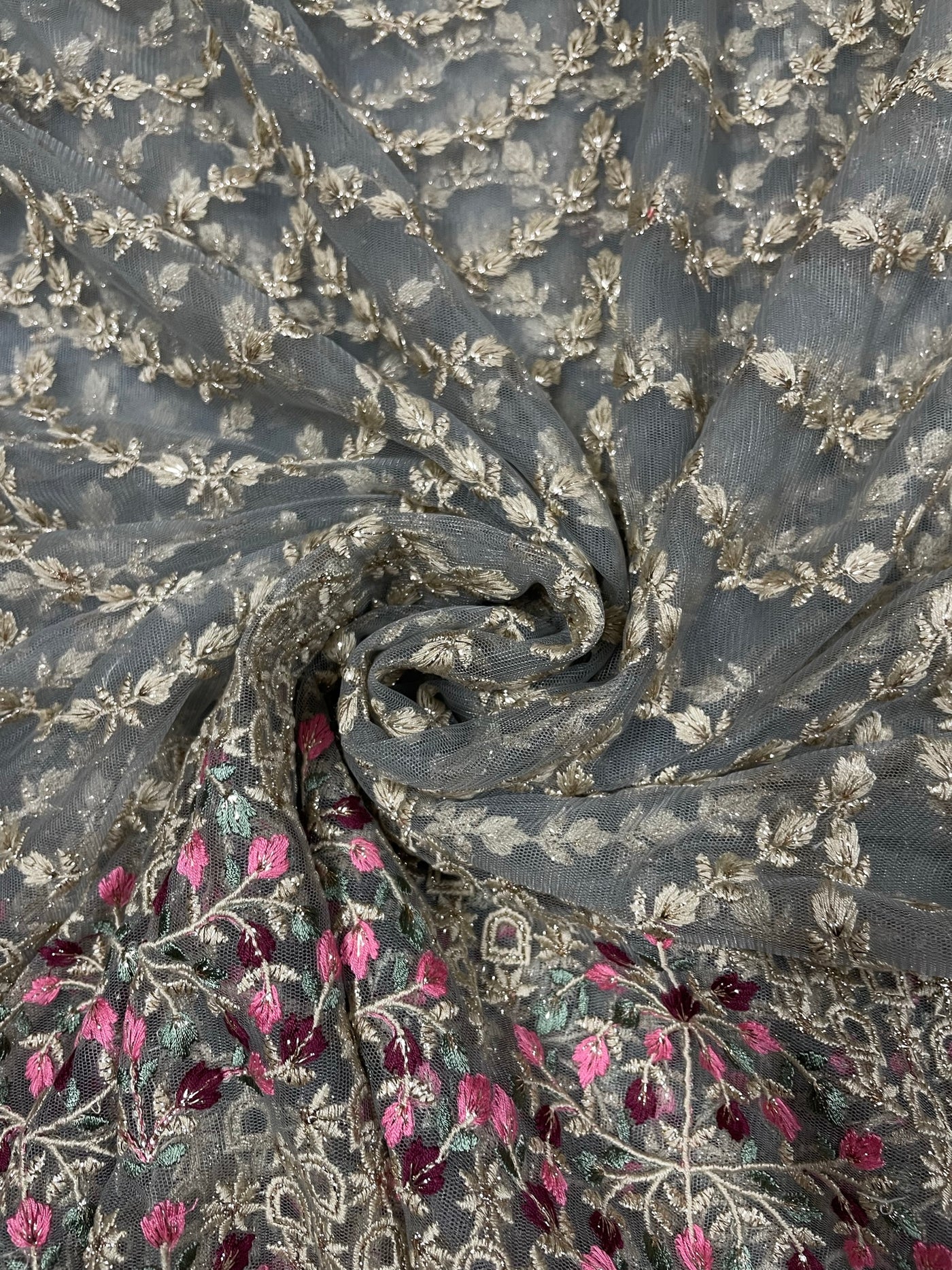 Grey Floral Embroidered Net Fabric