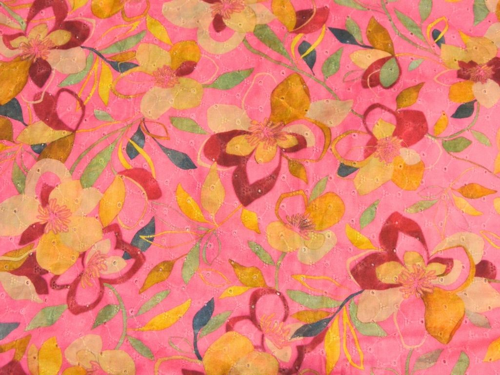 Cotton Candy Pink 100 % Pure Cotton Chikan Embroidered Fabric