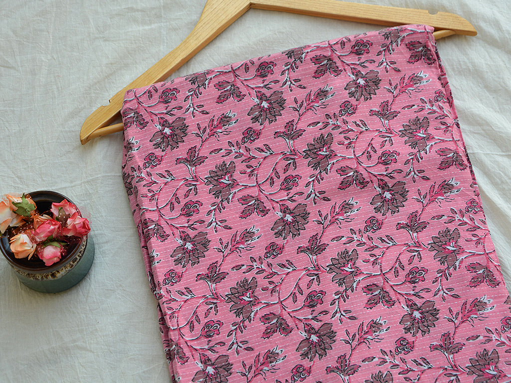 Flamingo Pink Floral Pure Cotton Kantha Fabric