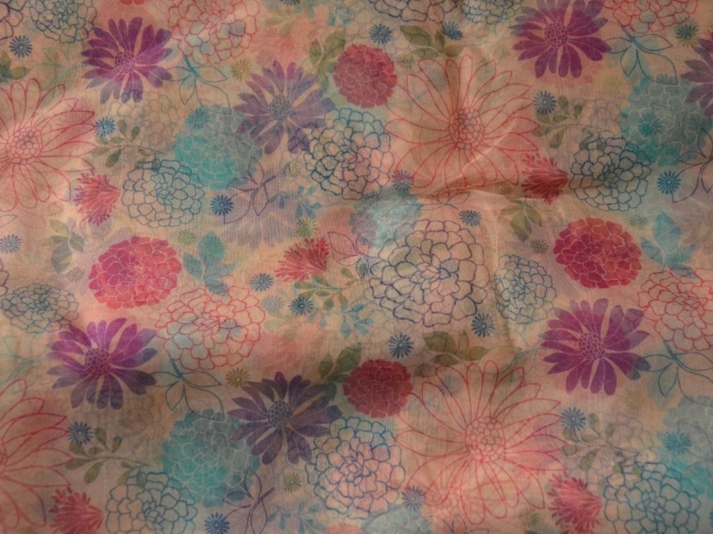 White Floral Digital Printed Liquid Organza Fabric