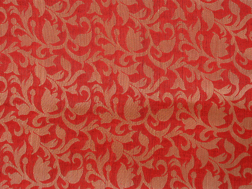 Orange Floral Semi Banarasi Brocade Fabric