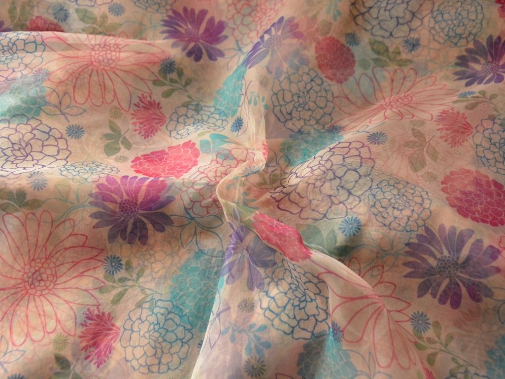White Floral Digital Printed Liquid Organza Fabric
